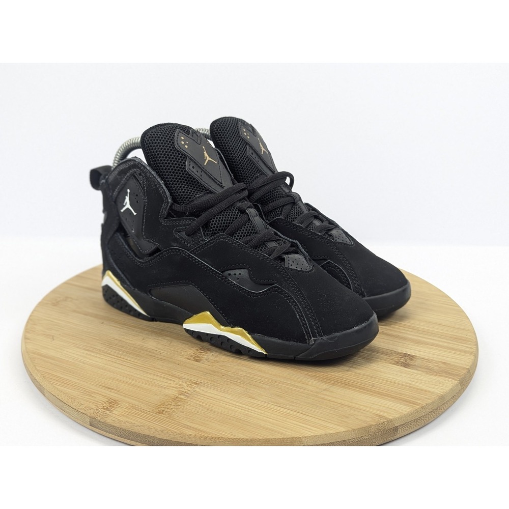 Jordan True Flight Black Metallic Gold Leather Kids High Top Sneakers 2Y